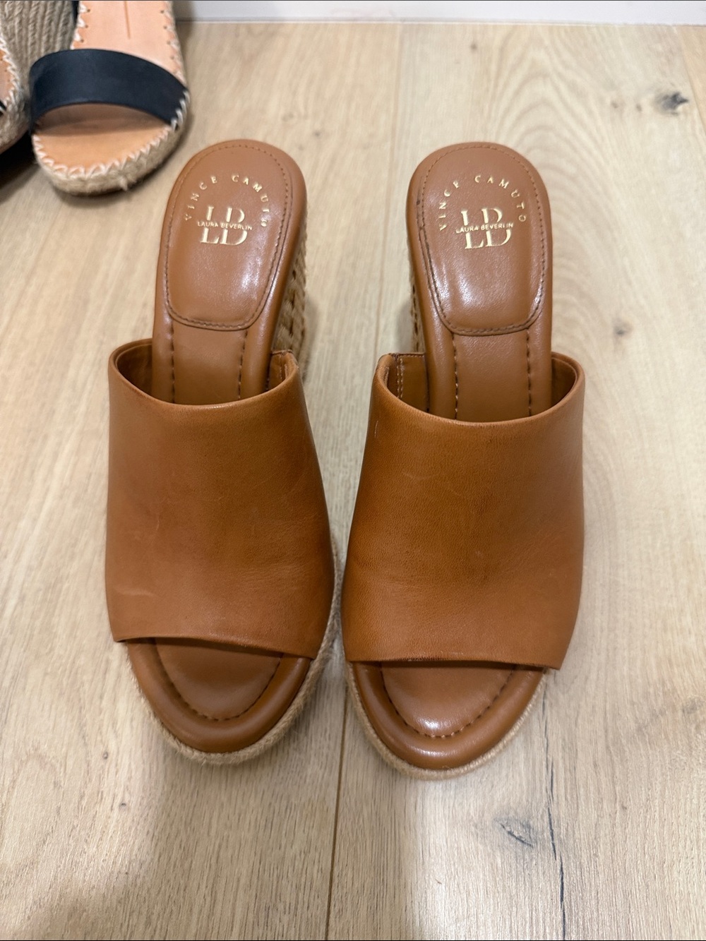 Vince Camuto Cognac Leather Wedge Slide Sandals - Picture 1 of 7
